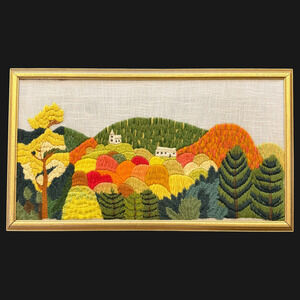 Vintage Framed Crewel Embroidery New England Autumn Erica Wilson 7076 Fall 24x14